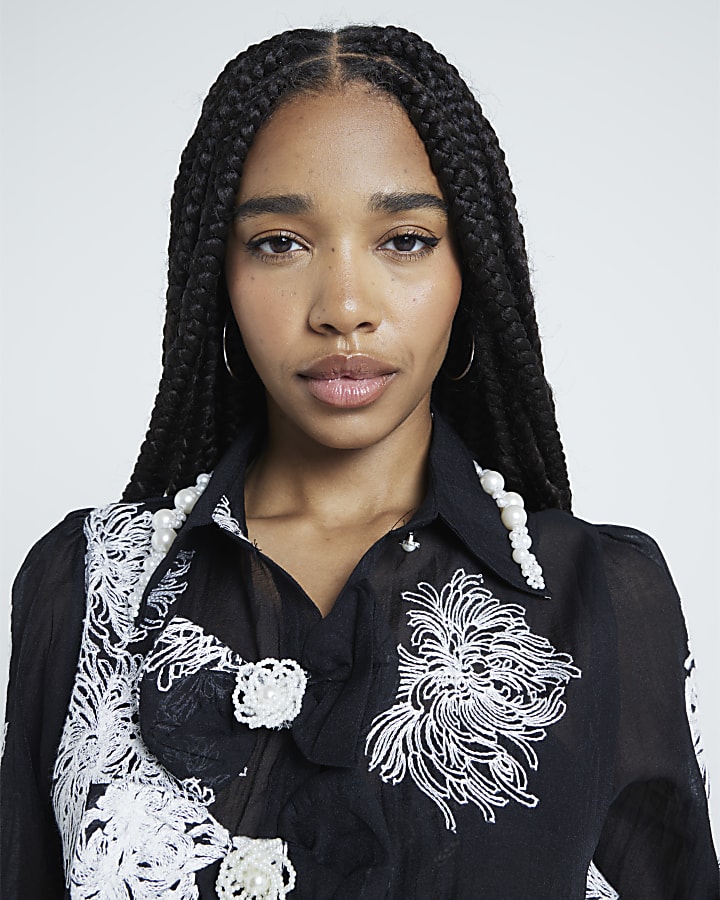 Black print bow long sleeve Blouse