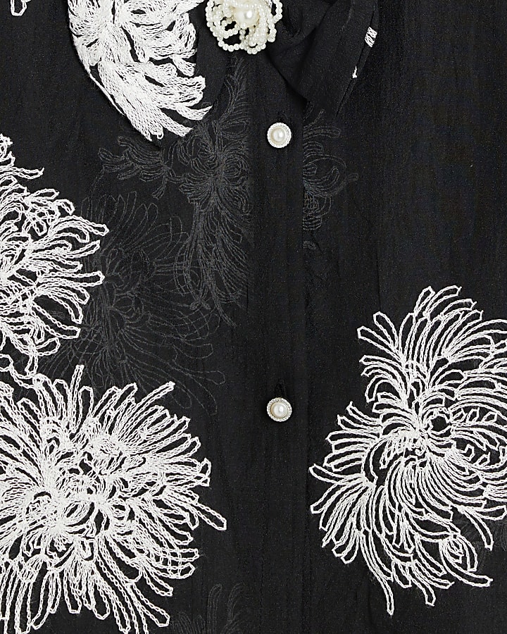 Black print bow long sleeve Blouse