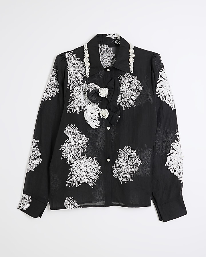 Black print bow long sleeve Blouse