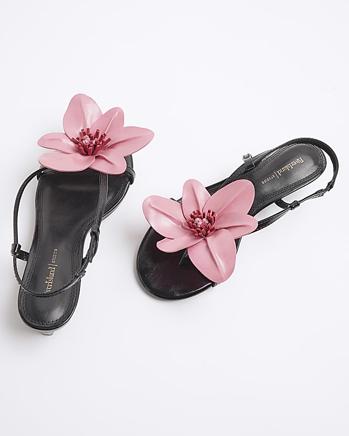 Black Kitten Heeled Flower Sandals