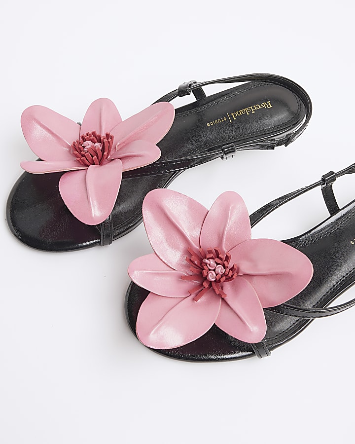 Black Kitten Heeled Flower Sandals