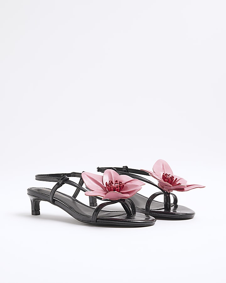 Black Kitten Heeled Flower Sandals