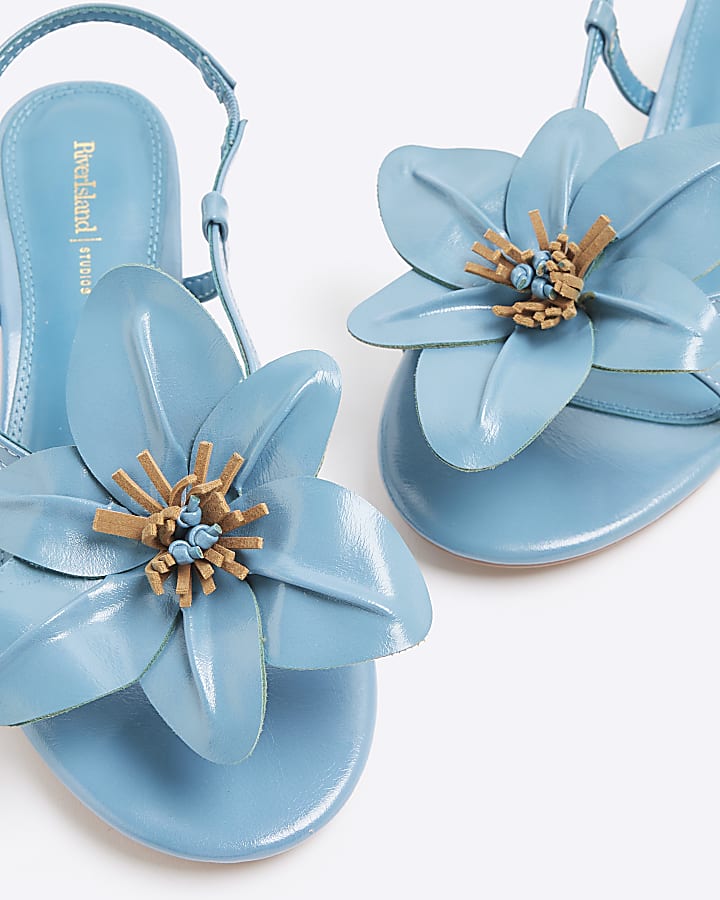 Blue Kitten Heel Flower Sandals