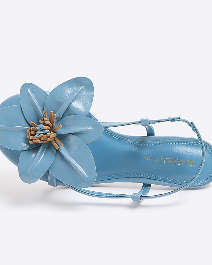 Blue Kitten Heel Flower Sandals