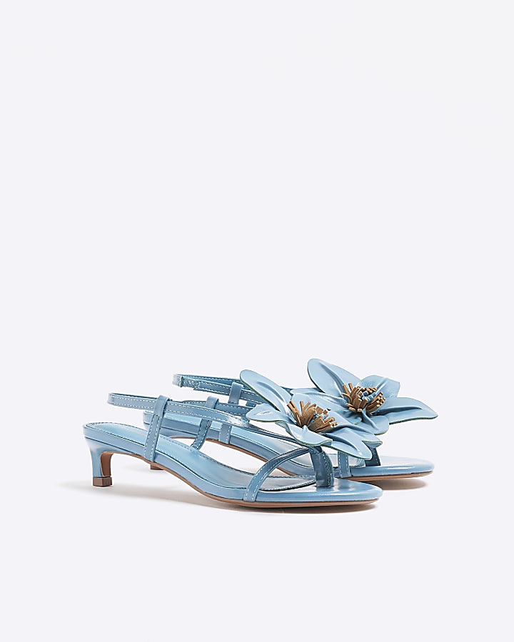 Blue Kitten Heel Flower Sandals