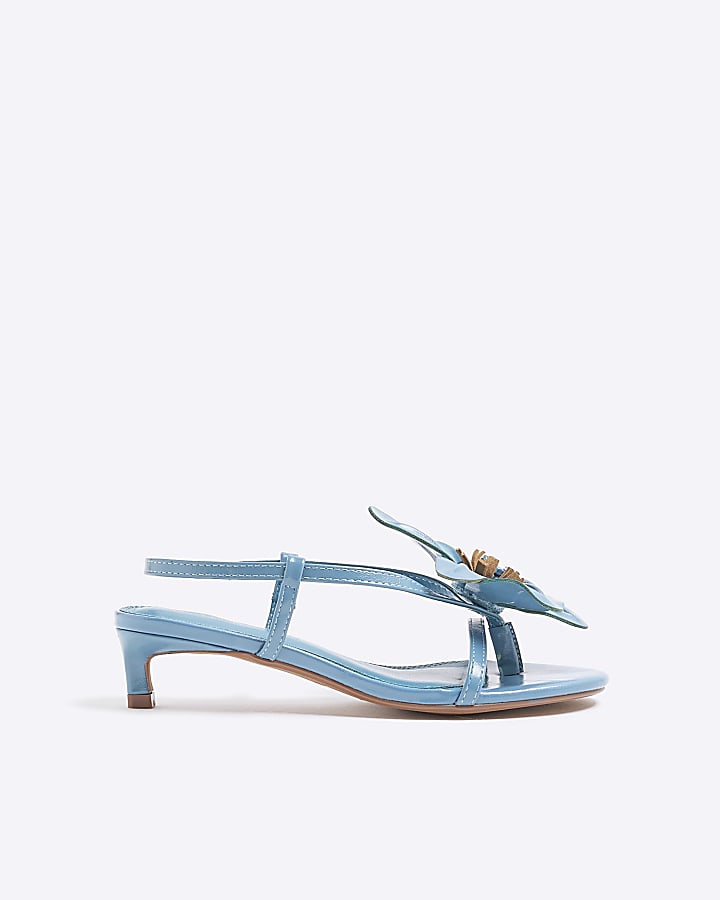 Blue Kitten Heel Flower Sandals