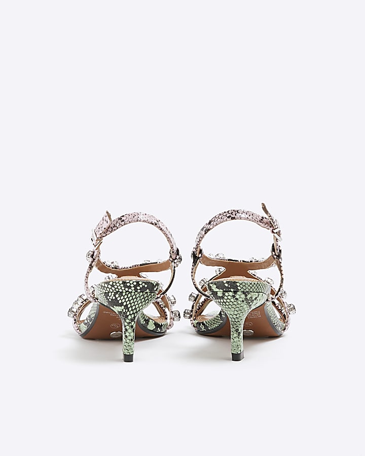 Green Snake Print Gem Stone Heeled Sandals