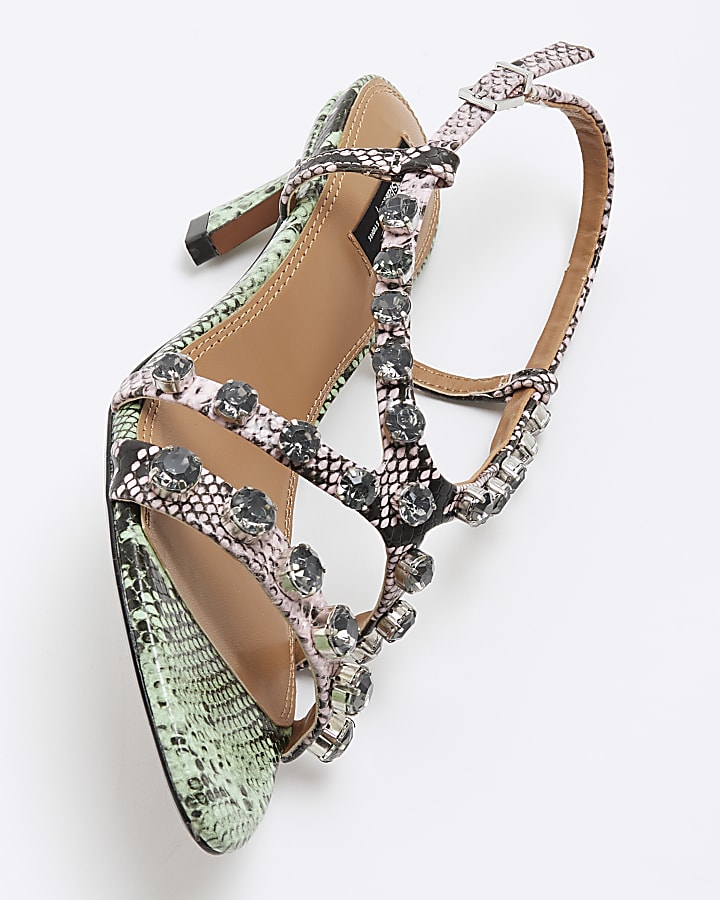 Green Snake Print Gem Stone Heeled Sandals