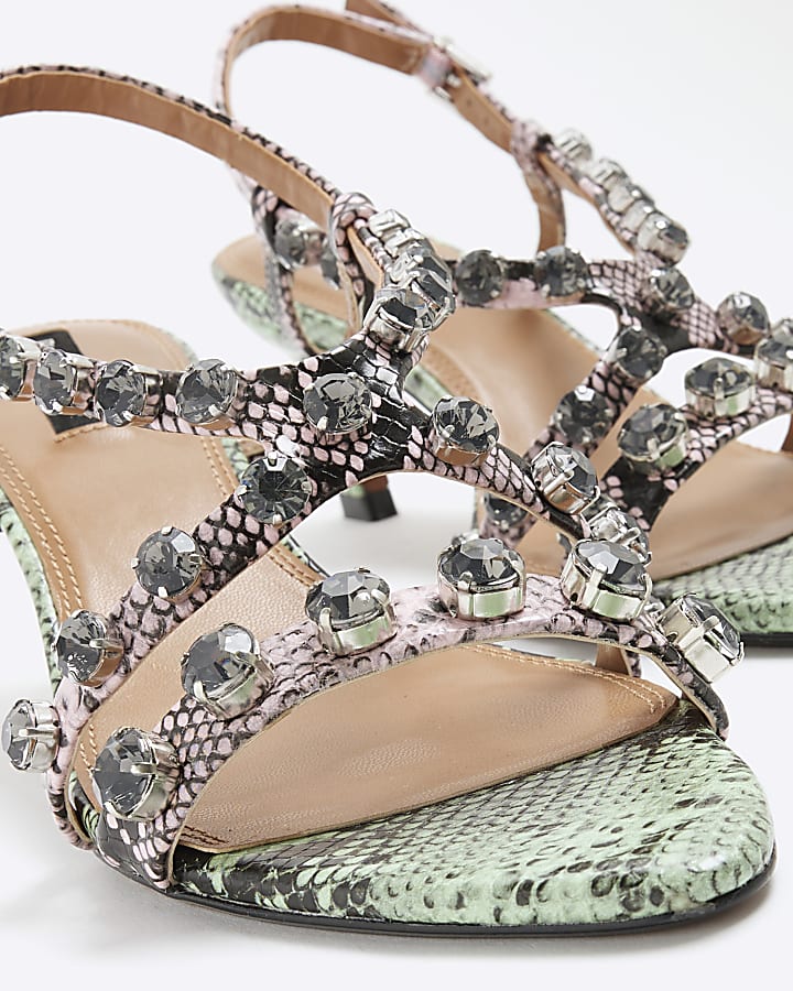 Green Snake Print Gem Stone Heeled Sandals