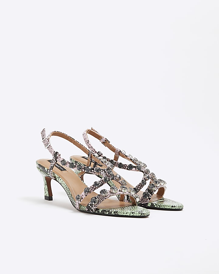 Green Snake Print Gem Stone Heeled Sandals