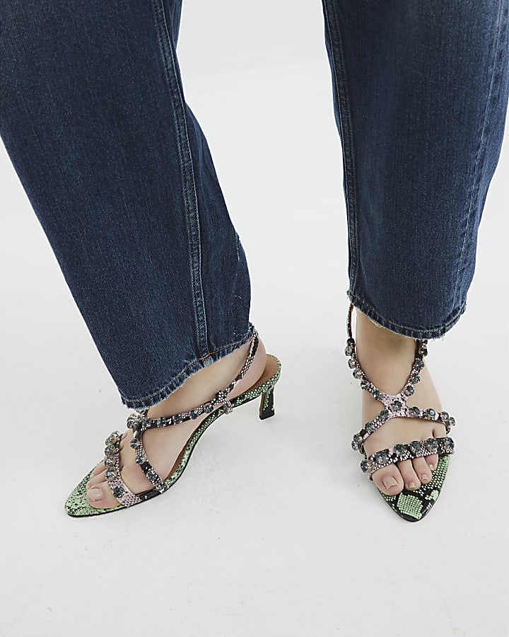 Green Snake Print Gem Stone Heeled Sandals