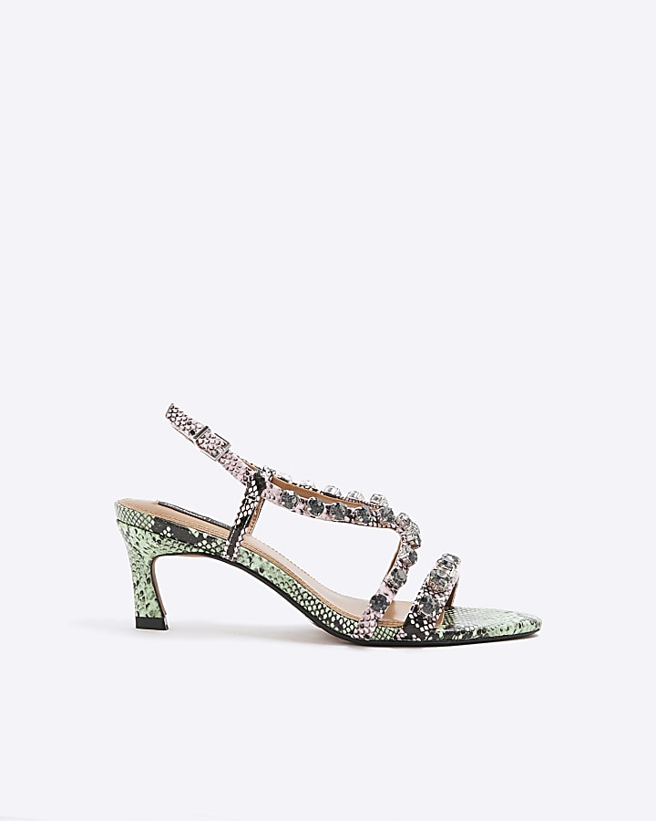 Green Snake Print Gem Stone Heeled Sandals