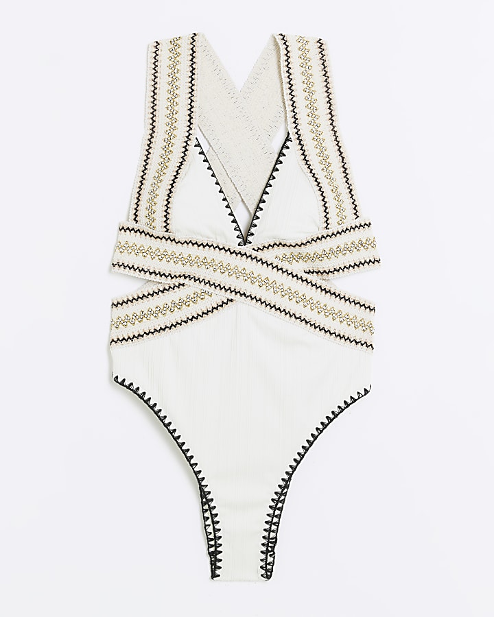 White Elastic Cut Out Swimsuit