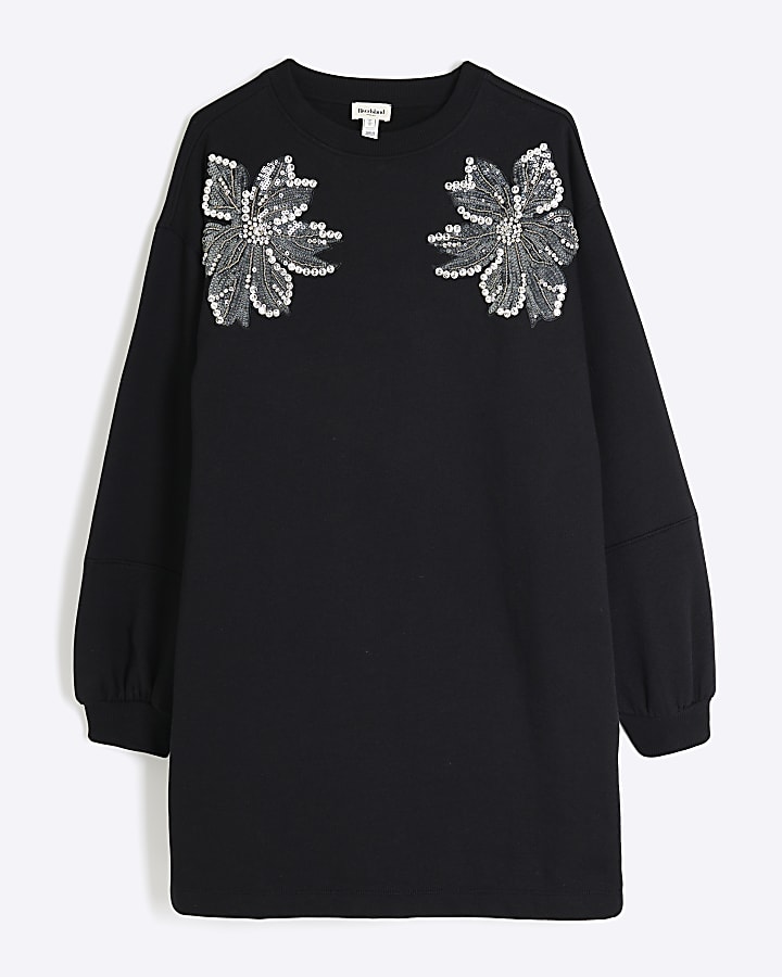 Black Sequin Flower Sweatshirt Dress