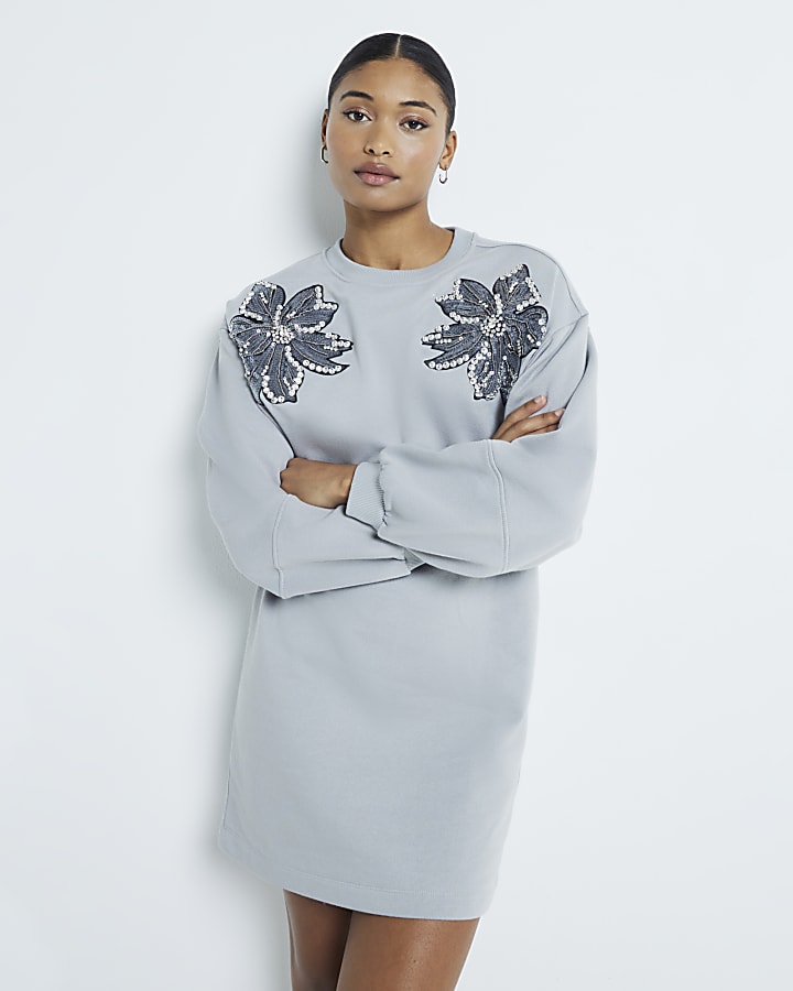 Grey Sequin Flower Sweatshirt Dress