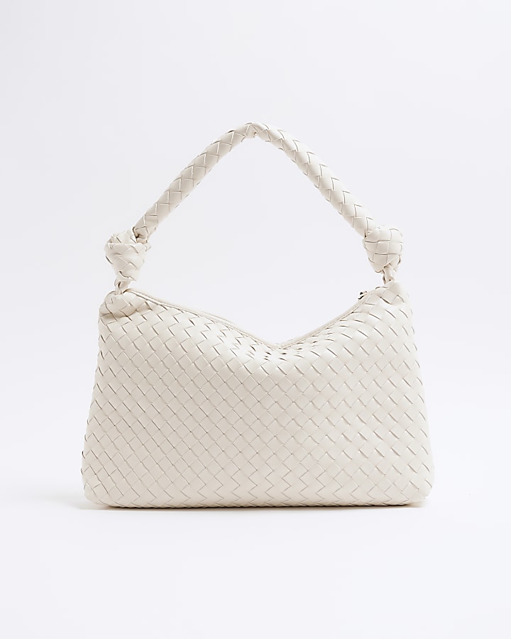 Cream Knot Handle Woven Shoulder Bag