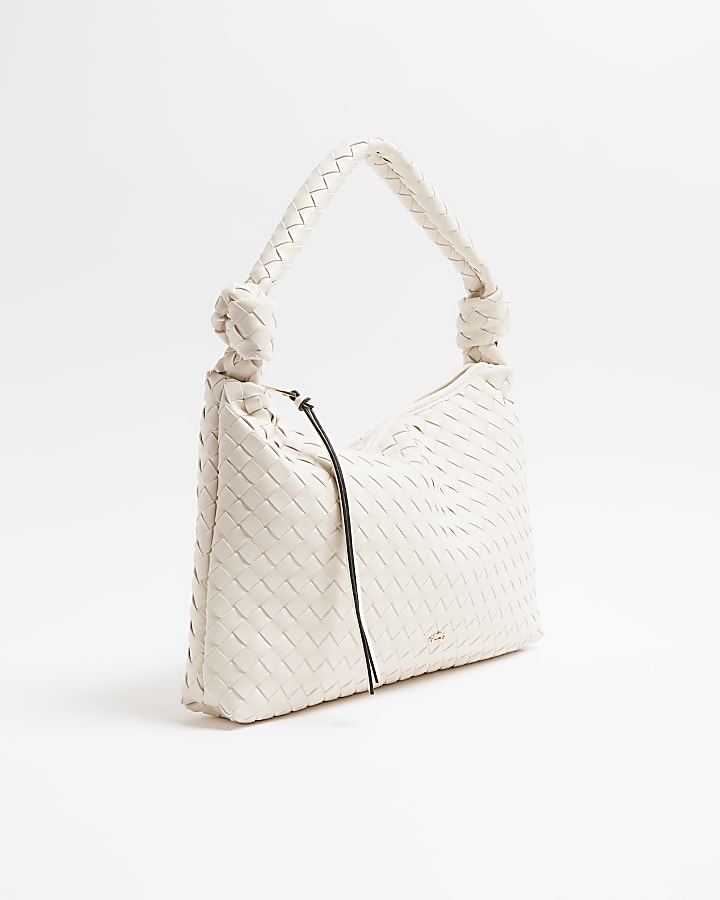 Cream Knot Handle Woven Shoulder Bag