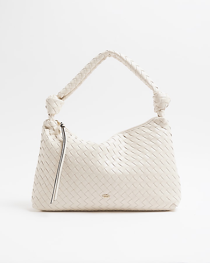 Cream Knot Handle Woven Shoulder Bag