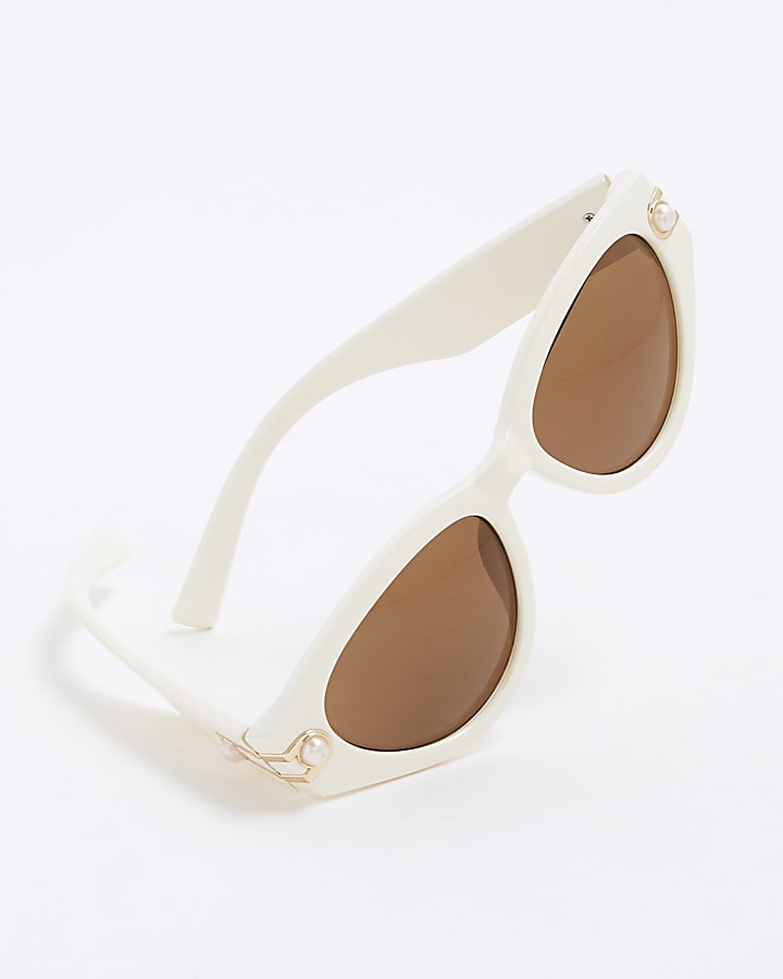 White Slim Pearl Detail Cat Eye Sunglasses