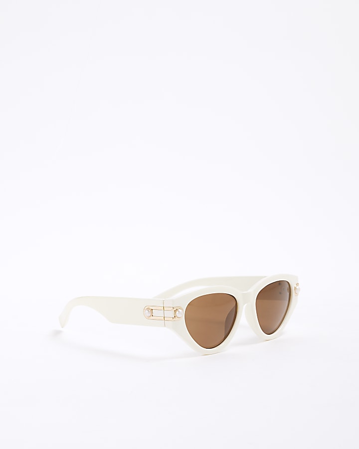 White Slim Pearl Detail Cat Eye Sunglasses