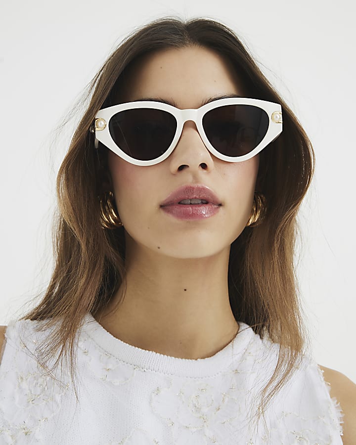 White Slim Pearl Detail Cat Eye Sunglasses