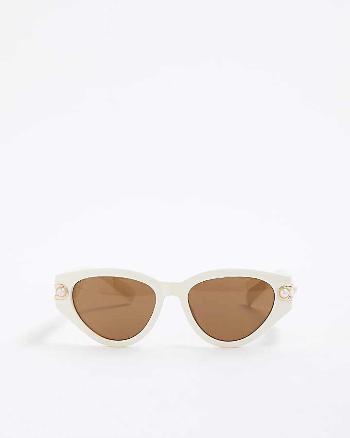 White Slim Pearl Detail Cat Eye Sunglasses