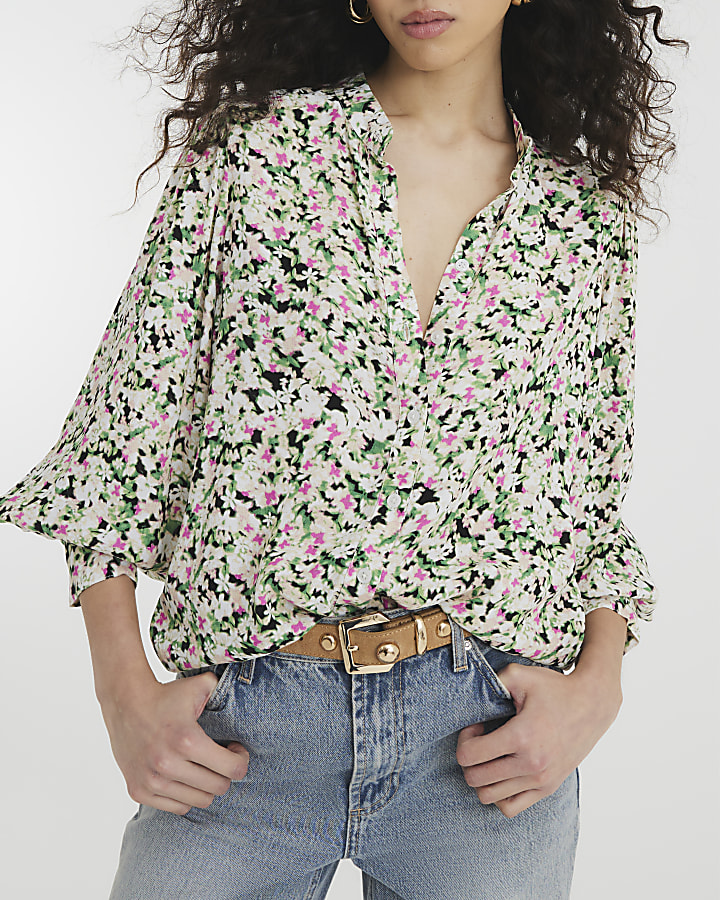 Black Floral Crew Neck Blouse