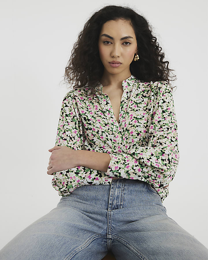 Black Floral Crew Neck Blouse