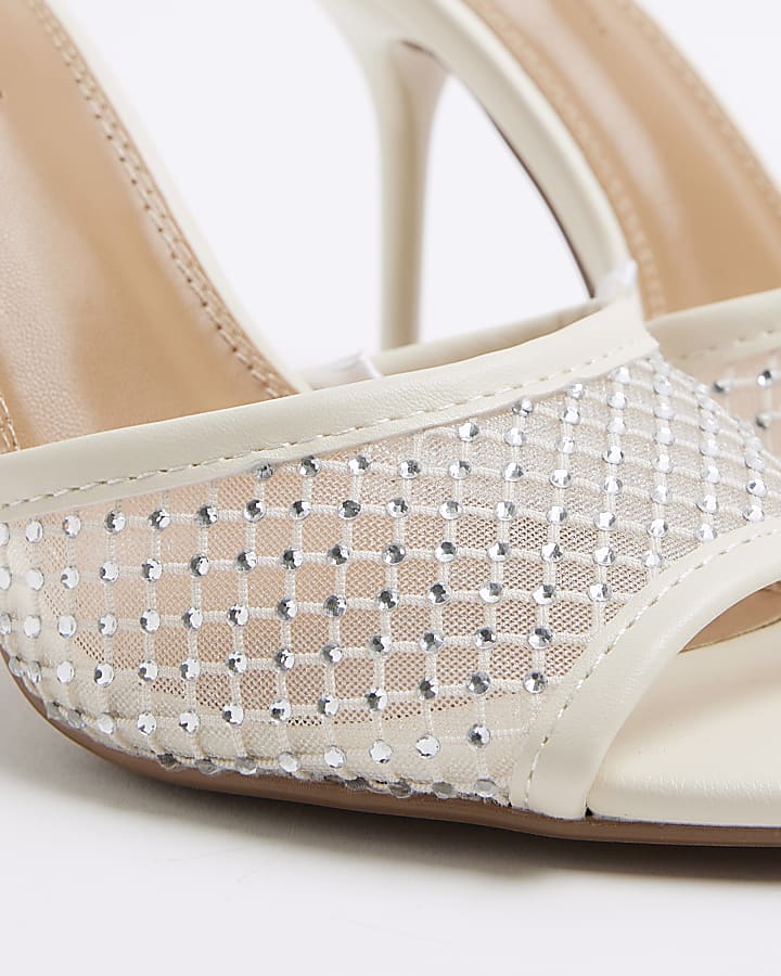 White Mesh Diamante Heeled Mule Shoes