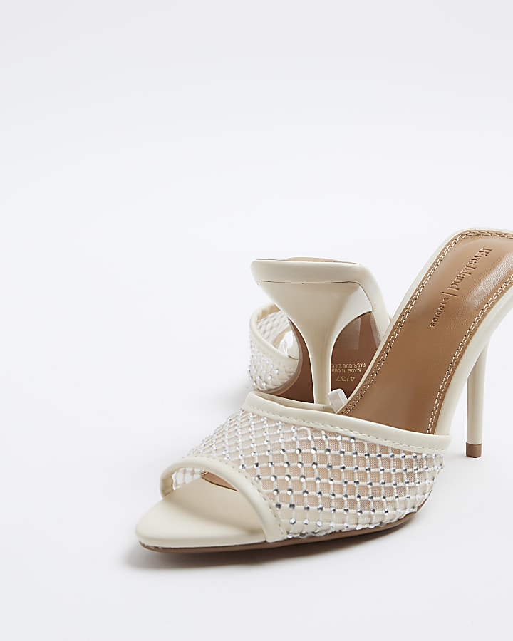 White Mesh Diamante Heeled Mule Shoes