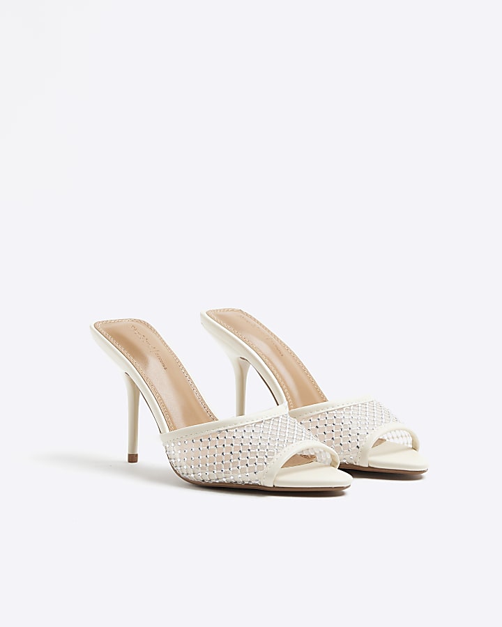 White Mesh Diamante Heeled Mule Shoes