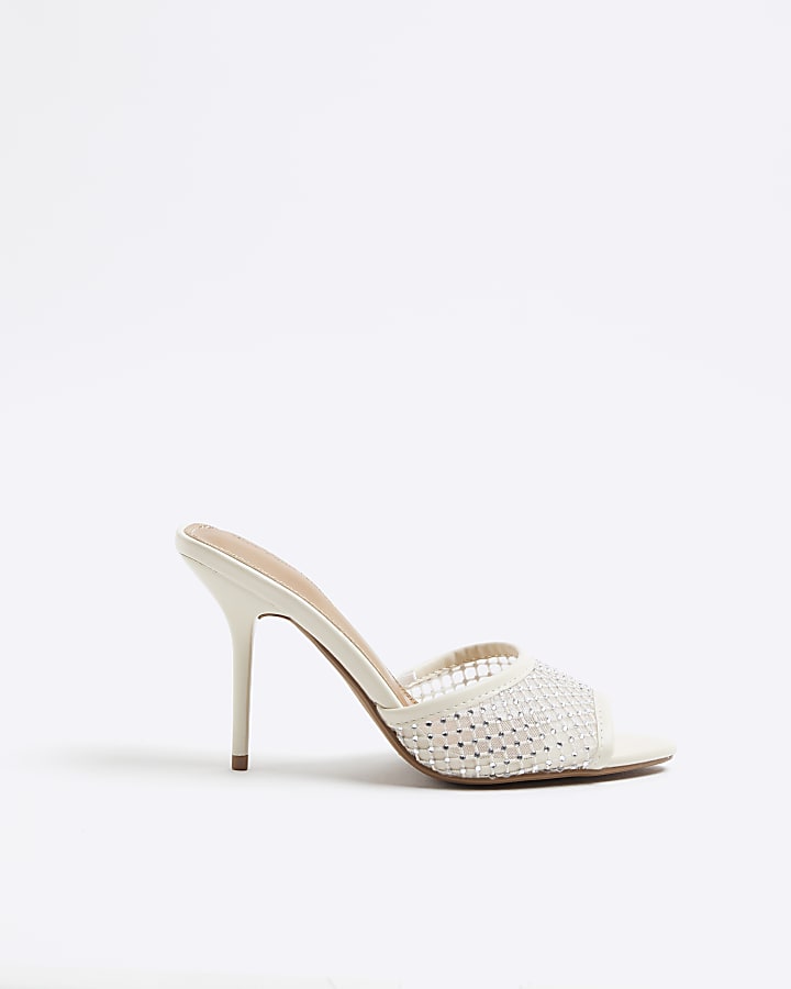 White Mesh Diamante Heeled Mule Shoes