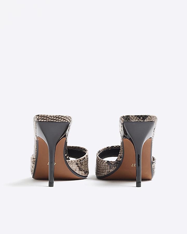 Brown Snake Heeled Mule Sandals