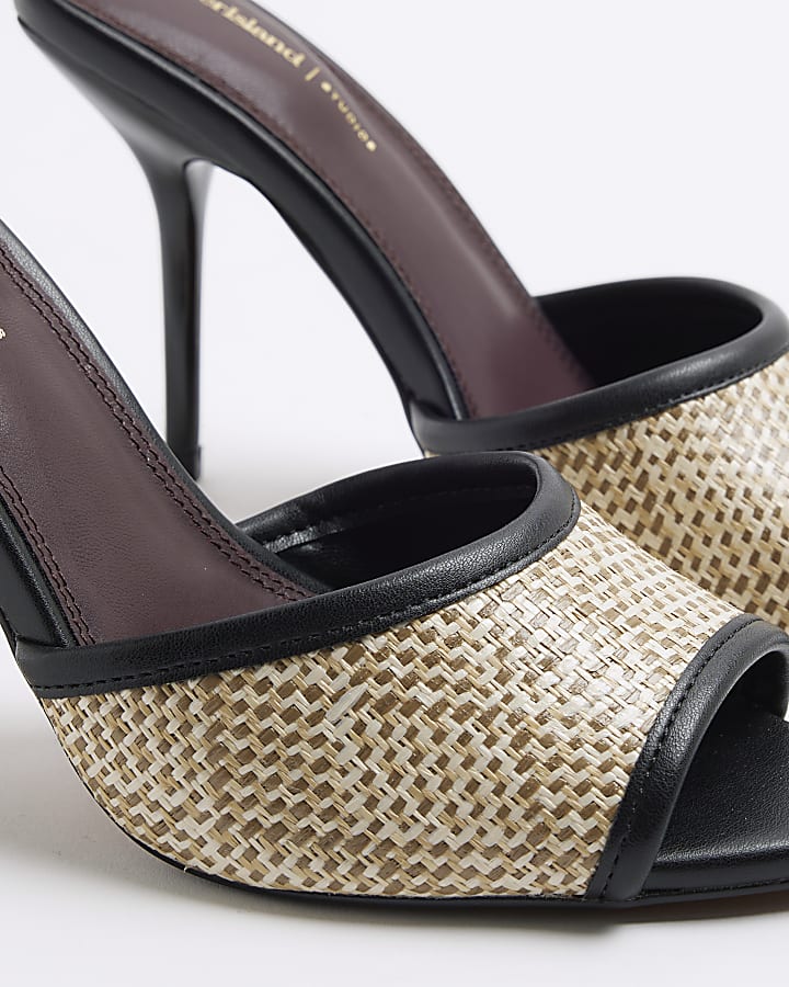 Beige Raffia Heeled Mule Shoes