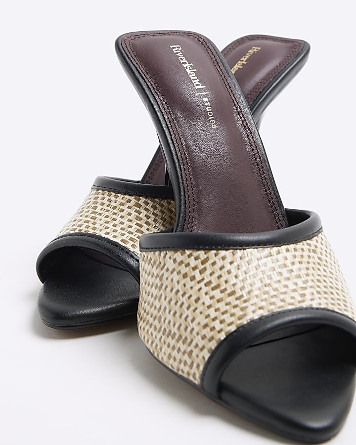 Beige Raffia Heeled Mule Shoes