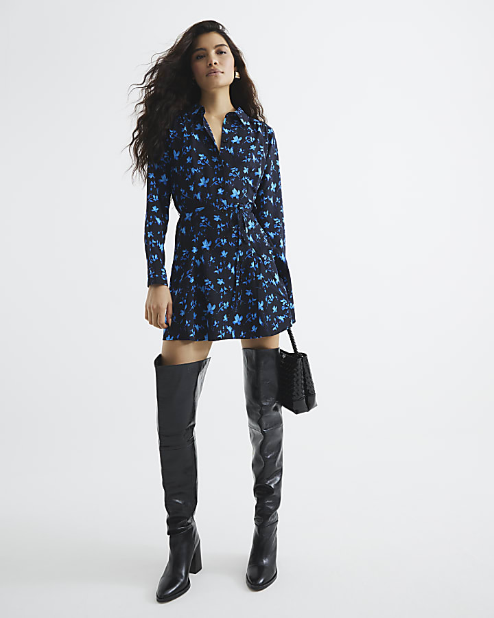 Black Long Sleeve Floral Mini Shirt Dress