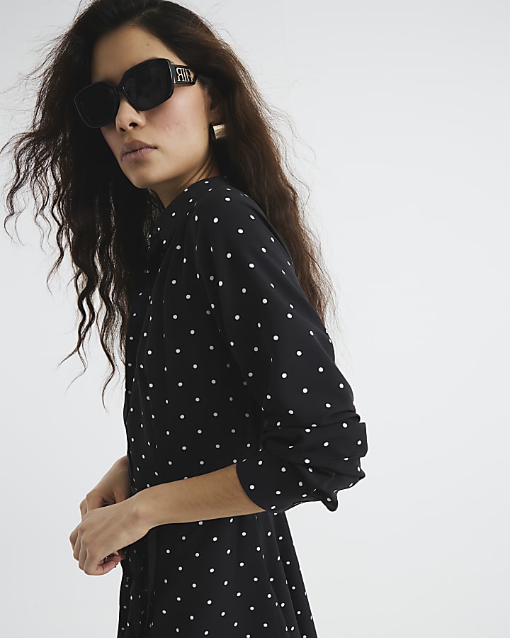 Black Long Sleeve Spot Mini Shirt Dress