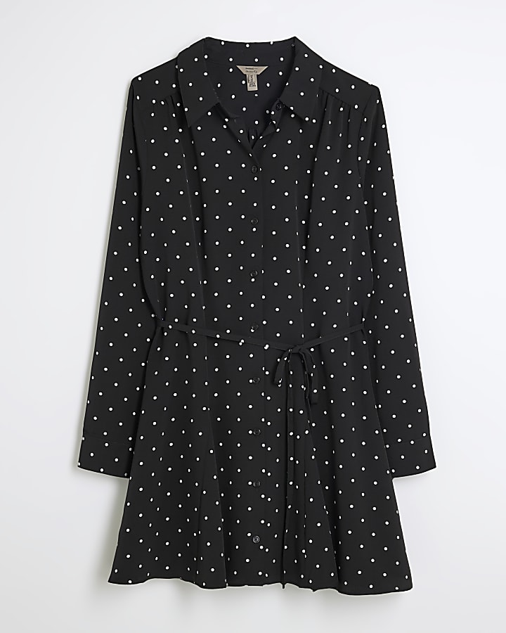 Black Long Sleeve Spot Mini Shirt Dress