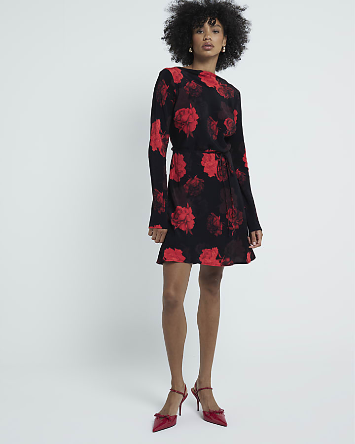 Black Long Sleeve Tie Waist Floral Mini Dress