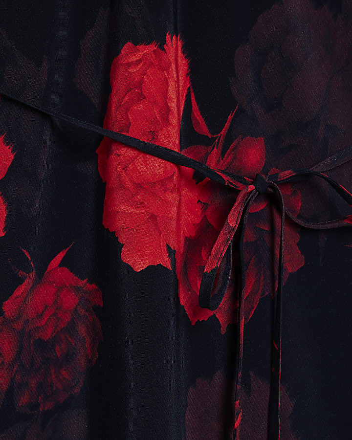 Black Long Sleeve Tie Waist Floral Mini Dress