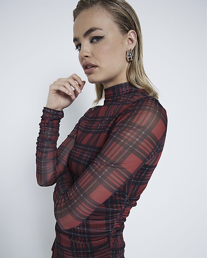 Red Check Mesh Long Sleeve Top