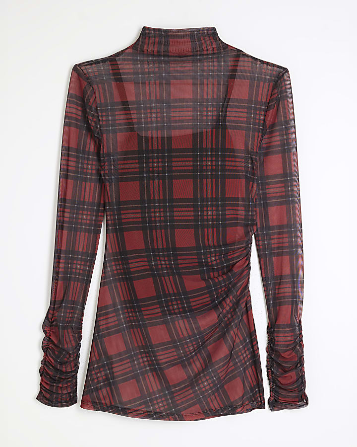 Red Check Mesh Long Sleeve Top