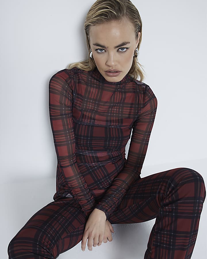 Red Check Mesh Long Sleeve Top