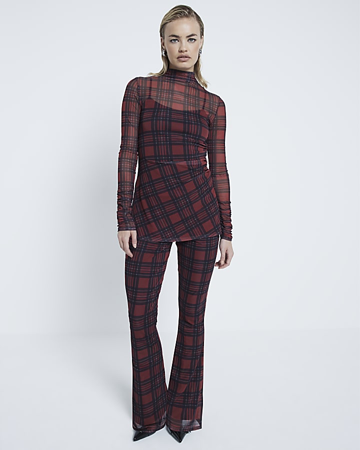 Red Check Mesh Long Sleeve Top