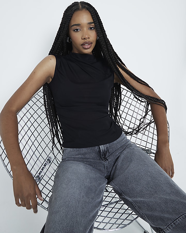 Black Drape Ruched High neck Tank Top