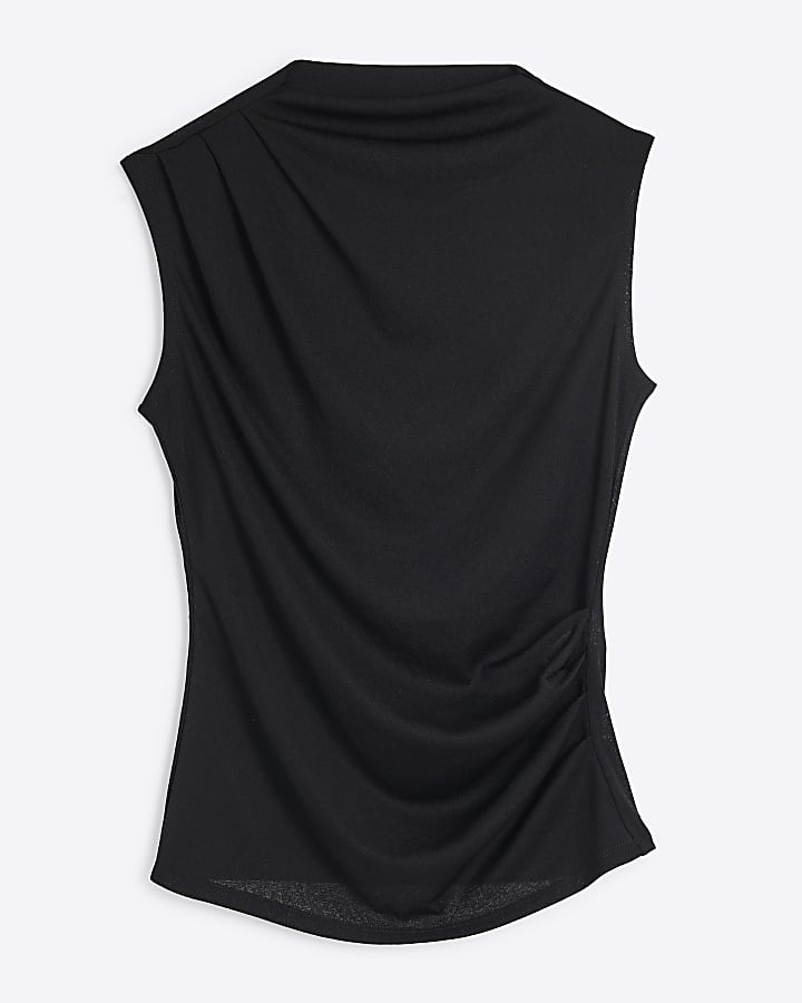 Black Drape Ruched High neck Tank Top