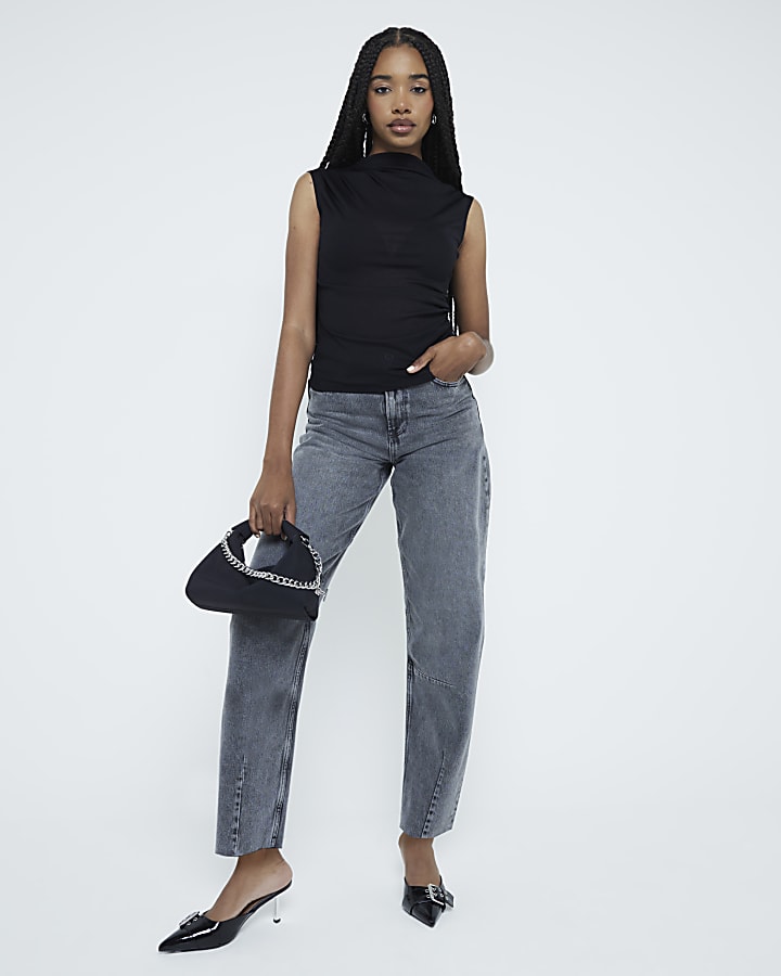 Black Drape Ruched High neck Tank Top