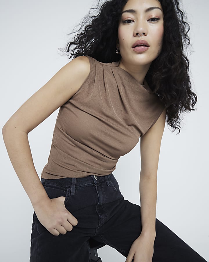Brown Drape Ruched Tank Top