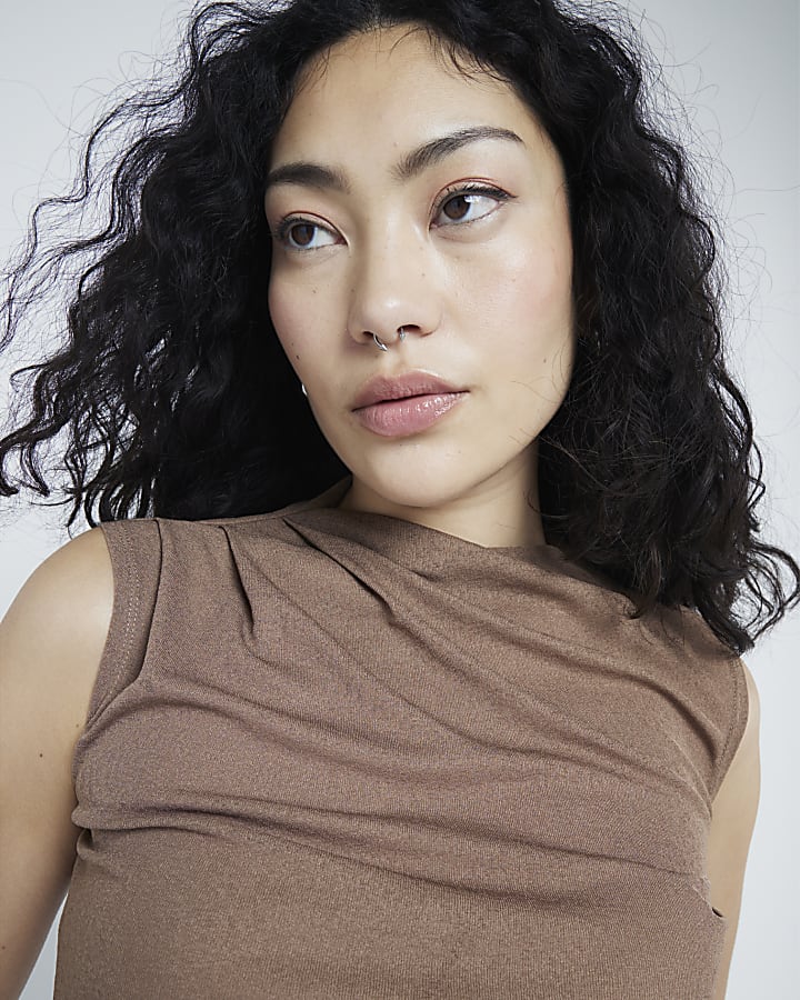 Brown Drape Ruched Tank Top