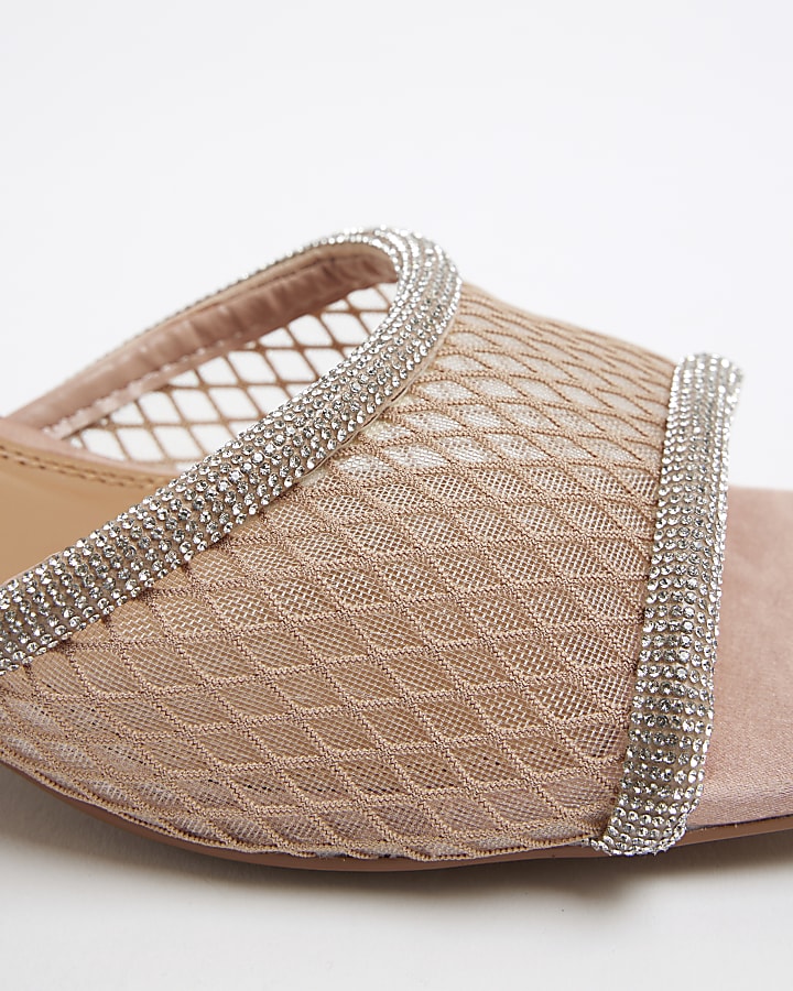 Pink Diamante Mesh Kitten Heeled Mule Sandals
